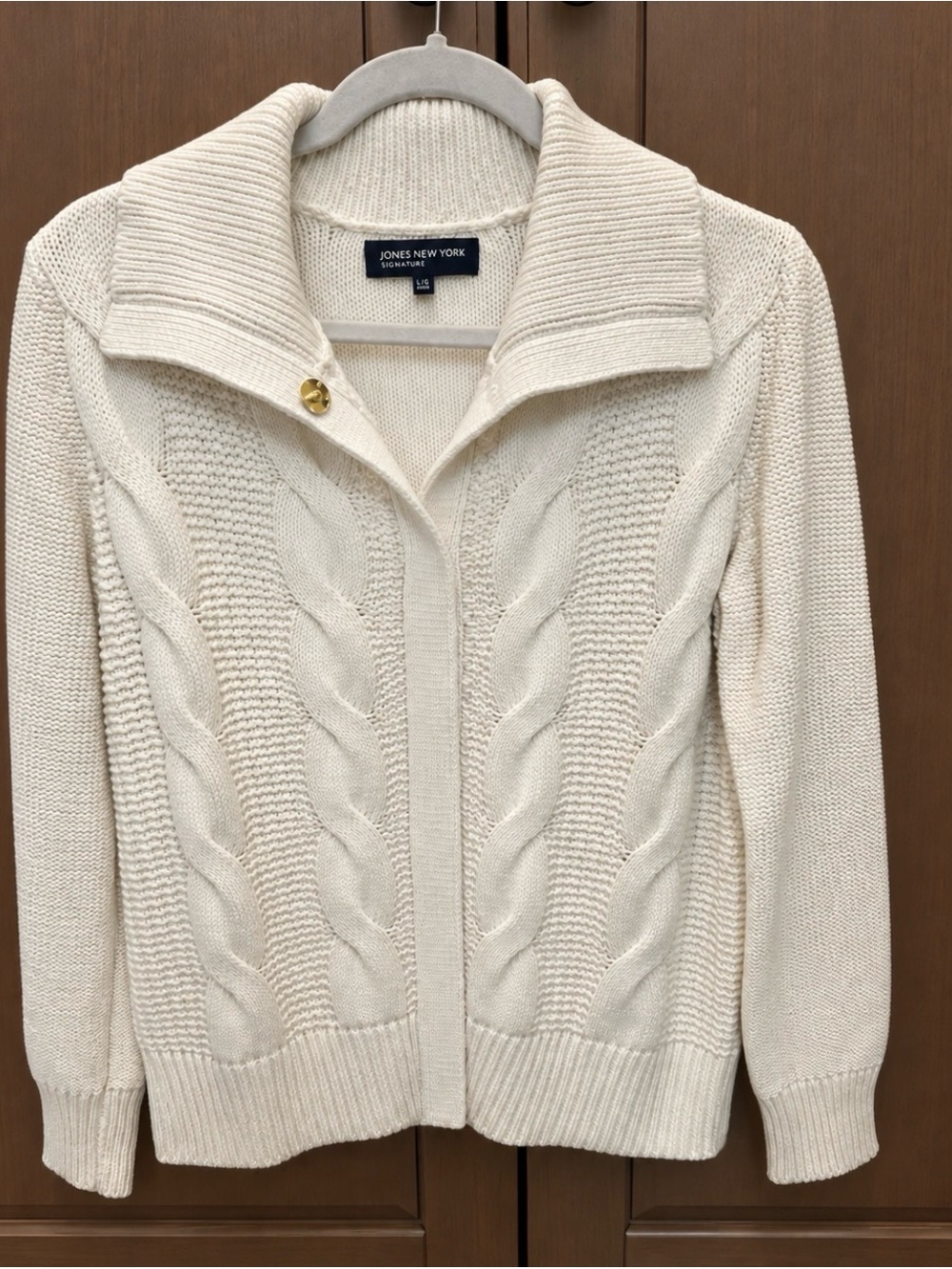 Jones New York Cream Cable Zip-Front Shawl Collar Cardigan